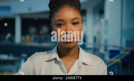 Close-up business portrait headshot serious pensive sad calm African American businesswoman girl ethnic female entrepreneur executive manager lawyer Stock Photo