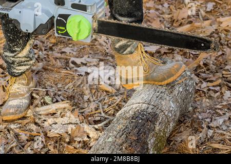 Using battery chainsaw worker saws down trees after hurricane tree fell down during thunderstorm Stock Photo