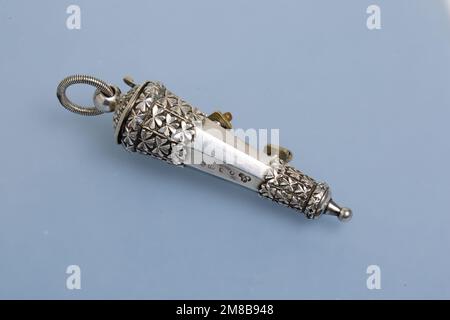 Silver whistle and case with stylised shamrock motifs, issued to the Irish Rifles, hallmarked 1887. Stock Photo