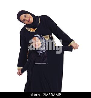 Muslim grandmother, girl and family portrait of a islamic and muslim woman with a happy child. Isolated, white background and kid with happiness Stock Photo
