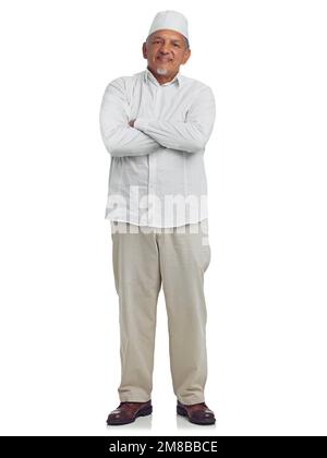 Muslim senior man, happy portrait and standing in white background for Islamic fashion, religious culture and empowerment. Arab, elderly person and Stock Photo