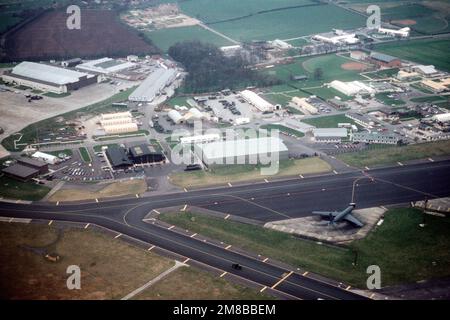 An aerial view of a portion of the base at one end of the main runway. The 11th Strategic Group, Strategic Air Command (SAC), is based at Fairford, where it oversees a rotating force of KC-135 Stratotanker aircraft that are part of the European Tanker Task Force. Base: Raf Fairford State: Gloucestershire Country: England / Great Britain (ENG) Stock Photo