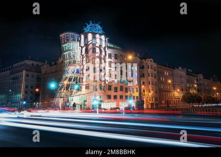 Dancing House at night - Prague, Czech Republic Stock Photo