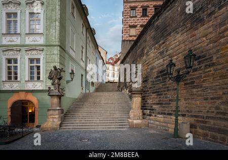 Radnicke schody Stairs at Mala Strana with St Joseph and St John of Nepomuk statues - Prague, Czech Republic Stock Photo
