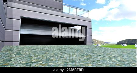 Granite pavers in front of the opening gate to the dark garage of a modern house overlooking a green meadow and a mountain valley. 3d rendering. Stock Photo