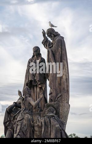 Statue of St. Cyril and St. Methodius at Charles Bridge - Prague, Czech Republic Stock Photo