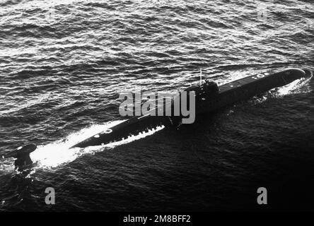 A starboard quarter view of a Soviet Victor III Class nuclear-powered submarine underway. Country: Unknown Stock Photo