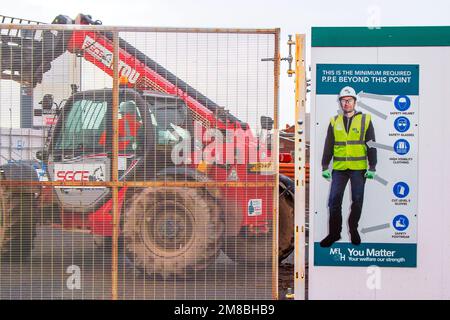 2017 Red Manitou SGCE TELEHANDLER Minimum Required P.P.E. Beyond this Point; Safety Helmet, Safety Glasses, High Visibility Clothing, Cut Level 5 Gloves, Safety Footwear Sign at the new Sainsburys  supermarket store development Site at Meols Cop, Southport, UK Stock Photo