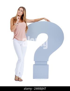 Thinking, question mark and woman on a white background with sign for decision, ideas or problem solving. Confused, question and doubt of model with Stock Photo