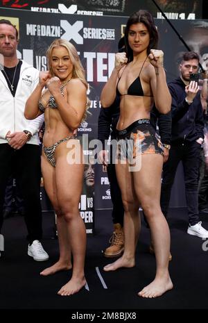 Elle Brooke (left) and Faith Ordway during the weigh-in at BOXPARK