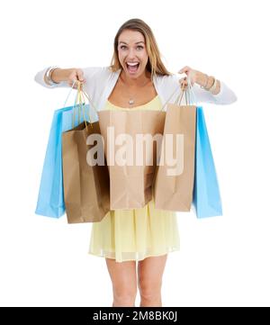 Woman look inside shopping bag with wow face for retail fashion sale, discount or deal in studio. Shopping, wealth and portrait of an excited customer Stock Photo