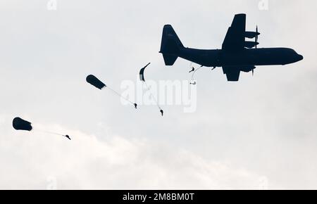Dropping of paratroopers from a C-47 Dakota plane during the commemoration of Operation Market Garden in Renkum Holland. 2019 vvbvanbree photography Stock Photo