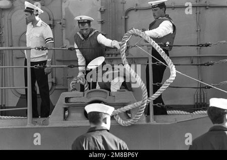 Line handlers aboard the Soviet Slava class guide missile cruiser ...