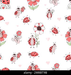 Seamless pattern with cute ladybug. Characters insects ladybird with flowers on white background with hearts. Vector illustration. Endless romantic ba Stock Vector