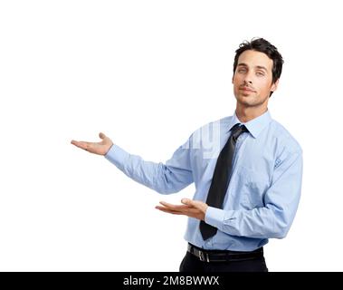 Face, hands and businessman pointing to mockup, space and blank advertising in studio. Portrait, entrepreneur and man CEO with hand gesture showing Stock Photo