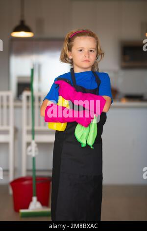 Child Use Duster and Gloves for Cleaning. Funny Child Mopping House.  Cleaning Accessory, Cleaning Supplies Stock Photo - Image of cleaning,  little: 268728606