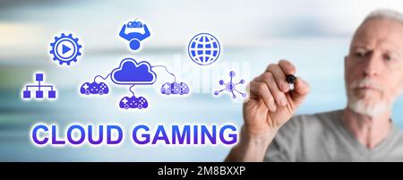 Cloud gaming concept drawn by a man Stock Photo