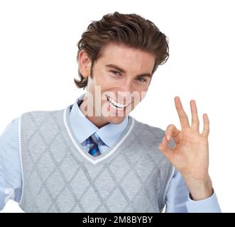 Hand sign, ok and portrait of man with smile on face, agreement isolated on white background. Motivation, yes and good job finger or okay wow gesture Stock Photo