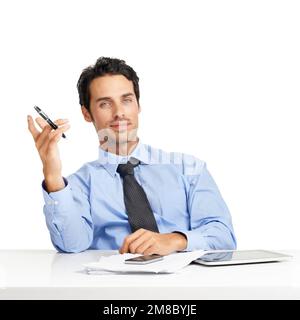 Businessman working, documents and pen in portrait with technology for research and notes against white background. Corporate law, male lawyer study Stock Photo