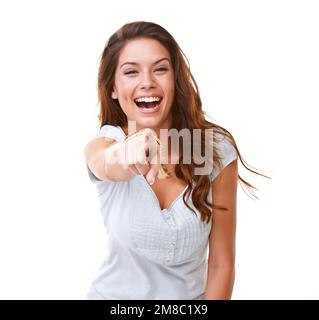 Laugh, bullying and woman pointing in studio on white background for humor, shame and mocking. Hand gesture, mean and portrait of girl point finger Stock Photo
