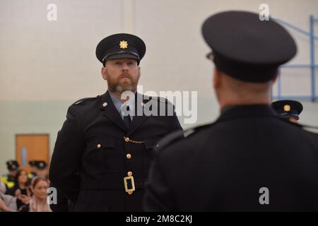 Templemore, Tipperary, Ireland, 13th January 2023. Garda graduate Connor Gallagher stands to attention during his passing out ceremony at the Garda College in Templemore. Credit: Athlone Photography/Alamy Live News Stock Photo