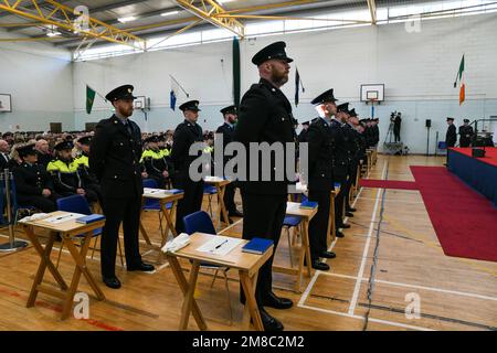 Templemore, Tipperary, Ireland, 13th January 2023. Garda Graduates stand at attention while waiting for Minister Harris to arrive at the Passing Out Ceremony at Templemore Garda College. Credit: Athlone Photography/Alamy Live News Stock Photo