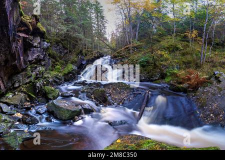 Hassafallen Stunning Waterfall in Rural wild Forest outside of Jonkoping Sweden Stock Photo