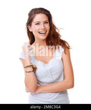 Laughing, happiness and woman portrait of a model feeling calm with beauty and white background. Isolated, happy and young person smile and laugh from Stock Photo