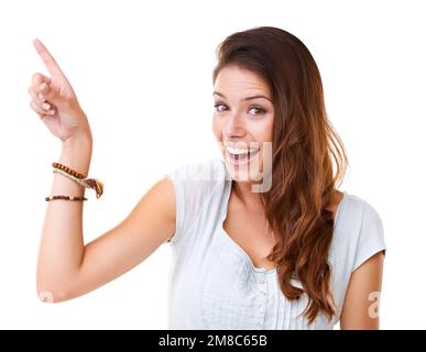 Happy, wow and portrait of woman with idea for innovation, creativity and solution inspiration. Happiness of optimistic girl pointing hand for ideas Stock Photo