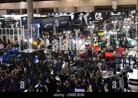 Chiba, Chiba Prefecture, Japan. 13th Jan, 2023. Crowds of spectators admire modified cars, display booths and luxury supercars at the Tokyo Auto Salon.Tokyo Auto Salon (æ±äº¬ã‚ªãƒ¼ãƒˆã‚µãƒ-ãƒ³) is considered one of the most prestigious aftermarket car shows in the world, attracting car enthusiasts, manufacturers, and media from all over the globe. The show features a wide range of customized and high-performance cars, including sports cars, luxury cars, and even trucks and buses. Visitors can also expect to see car-related products and technology such as wheels, tires, audio systems, and Stock Photo