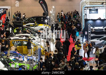 Chiba, Chiba Prefecture, Japan. 13th Jan, 2023. Crowds of spectators admire modified cars, display booths and luxury supercars at the Tokyo Auto Salon.Tokyo Auto Salon (æ±äº¬ã‚ªãƒ¼ãƒˆã‚µãƒ-ãƒ³) is considered one of the most prestigious aftermarket car shows in the world, attracting car enthusiasts, manufacturers, and media from all over the globe. The show features a wide range of customized and high-performance cars, including sports cars, luxury cars, and even trucks and buses. Visitors can also expect to see car-related products and technology such as wheels, tires, audio systems, and Stock Photo