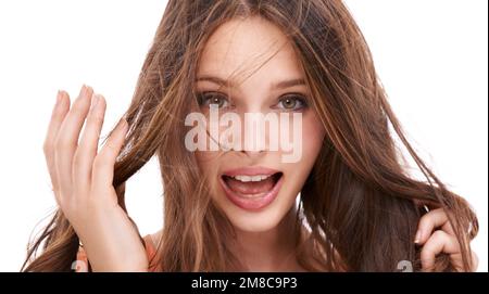 Portrait, hair and messy with a woman on a studio white background for keratin haircare treatment of split ends. Face, hair loss and beauty with a Stock Photo