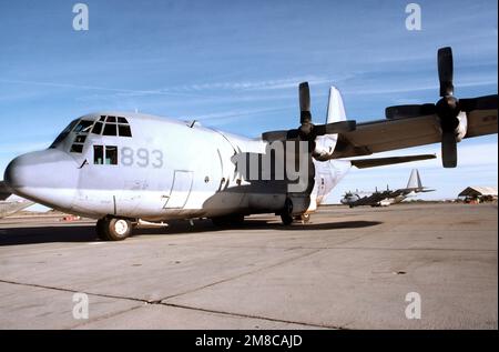 A KC-130F aircraft of Marine Refueler Transport Squadron 252 (VMGR-252) stands on the flight line. Base: Marine Corps Air Station, Yuma State: Arizona (AZ) Country: United States Of America (USA) Stock Photo