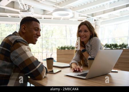 Two co-workers using laptop while working together Stock Photo
