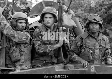 Three Marines from from Company D, 2nd Light Armored Infantry Battalion, survey the situation from the back of an LAV25 light armored vehicles during Operation CHISUM, a route reconnaissance patrol. Supporters of General Manuel Noriega had blocked the road with vehicles and refused to allow the patrol from entering the town. Subject Operation/Series: CHISUM Base: La Chorrera Country: Panama (PAN) Stock Photo