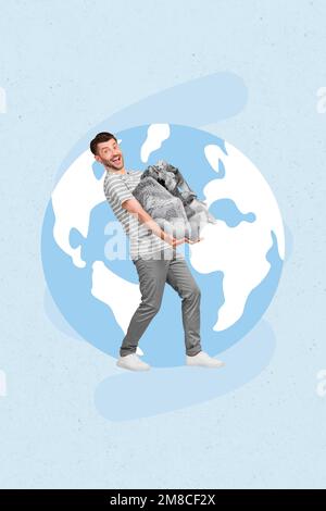 Vertical collage portrait of excited positive guy hands hold pile stack plastic paper trash isolated on planet earth drawing globe Stock Photo