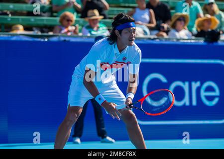 Rinky Hijikata of Australia in action during Day 1 of the Kooyong Classic  Tennis Tournament last match against Zhang Zhizhen of China at Kooyong Lawn  Tennis Club. Melbourne's summer of tennis has