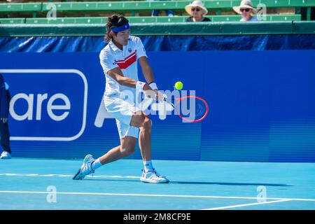 Rinky Hijikata of Australia in action during Day 1 of the Kooyong Classic  Tennis Tournament last match against Zhang Zhizhen of China at Kooyong Lawn  Tennis Club. Melbourne's summer of tennis has