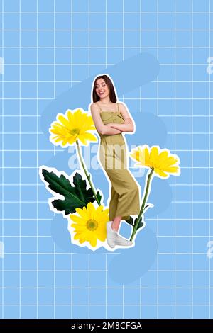Photo artwork minimal collage picture of smiling happy lady arms folded enjoying flowers aroma isolated drawing background Stock Photo