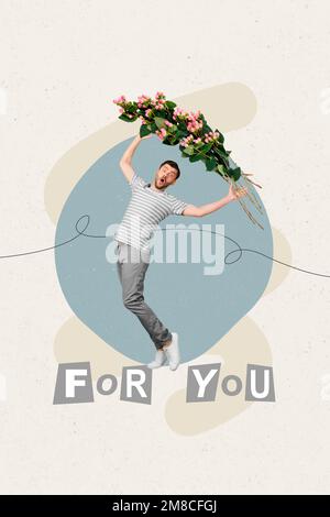 Vertical collage picture of impressed mini guy arms hold big flowers bouquet for you greeting card isolated on painted background Stock Photo