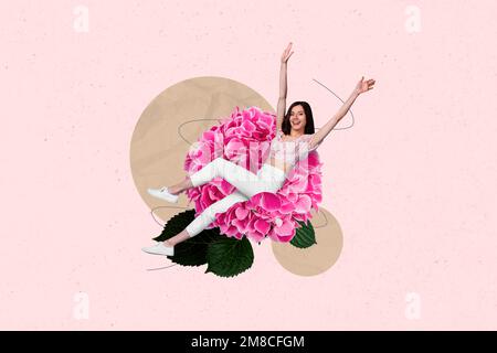 Photo collage cartoon comics sketch picture funky excited lady sitting big fluffy flower isolated drawing background Stock Photo