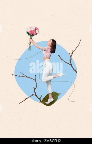 Photo collage artwork minimal picture of happy charming rising flower bouquet isolated drawing background Stock Photo