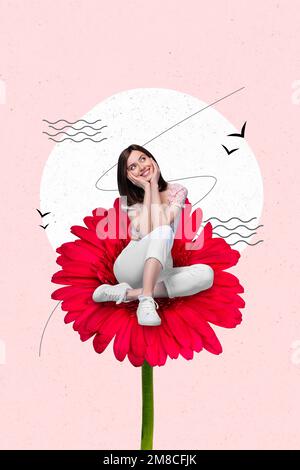 Collage artwork graphics picture of dreamy funny lady sitting inside red flower isolated painting background Stock Photo