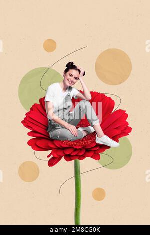 Photo collage artwork minimal picture of happy charming lady sitting inside big red flower isolated drawing background Stock Photo