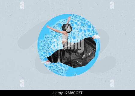 Collage photo banner of young jump air lady wear plastic skirt headless trash head near blue foam ocean pollution isolated on grey color background Stock Photo
