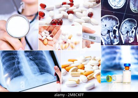 Many medical photos with pills, mri scans and diagnostic tools as a medicine collage. Stock Photo
