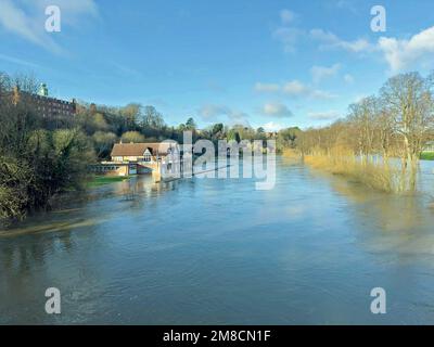 Handout photo taken with permission from the Twitter feed of @Shaunjenks of the River Severn bursting its banks in Shrewsbury. Picture date: Friday January 13, 2023. Stock Photo