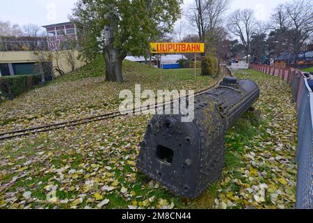 A redundant steam loco boiler on display at the liliput bahn, miniature railway in Parate Park, Vienna, Austria Stock Photo