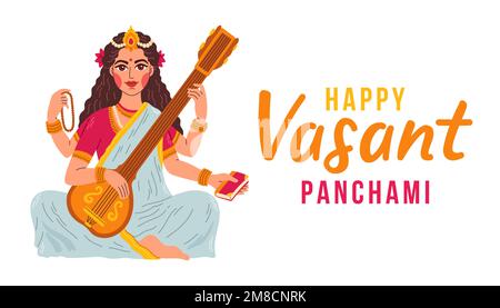 Vasant Panchami India festival, Goddess of Wisdom Maa Saraswati, Happy Vasant Panchami vector illustration Stock Vector