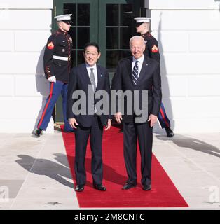 Washington DC, USA. 13th Jan, 2023. Prime Minister Kishida Fumio of Japan (L) is greeted by President Joe Biden on the South Lawn of the White House in the Washington, DC on Friday, January 13, 2023. Fumio is on a one-day visit to Washington to discuss bilateral security issues with administration officials. Photo by Jemal Countess/UPI Credit: UPI/Alamy Live News Stock Photo